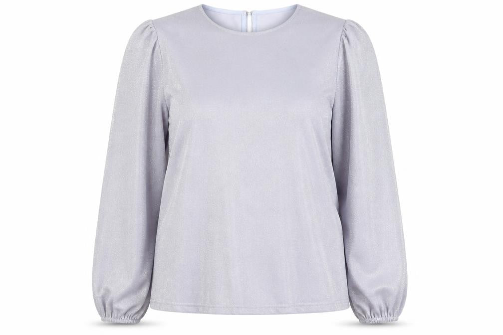 Front view of VILA Women's Silver Long Sleeve Glitter Blouse, size 12