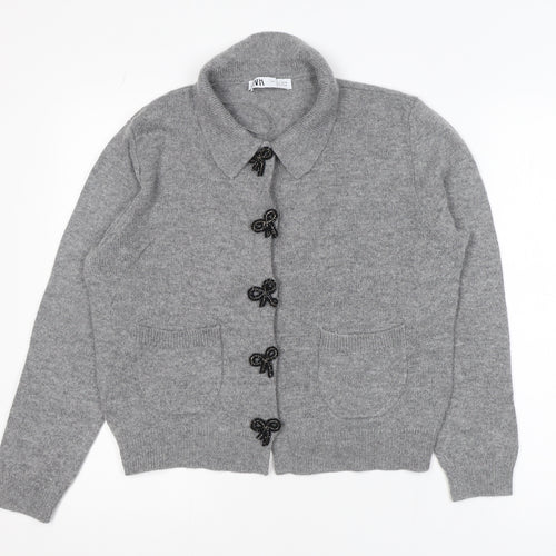 ZARA Women Grey Wool Blend Collared Bow Button Cardigan Size L