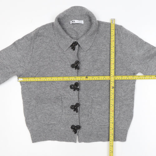 ZARA Women Grey Wool Blend Collared Bow Button Cardigan Size L