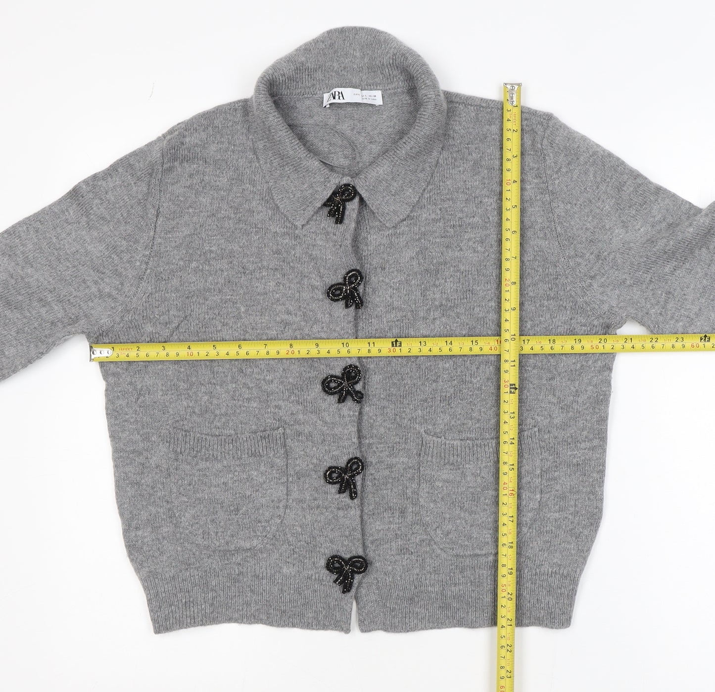 ZARA Women Grey Wool Blend Collared Bow Button Cardigan Size L