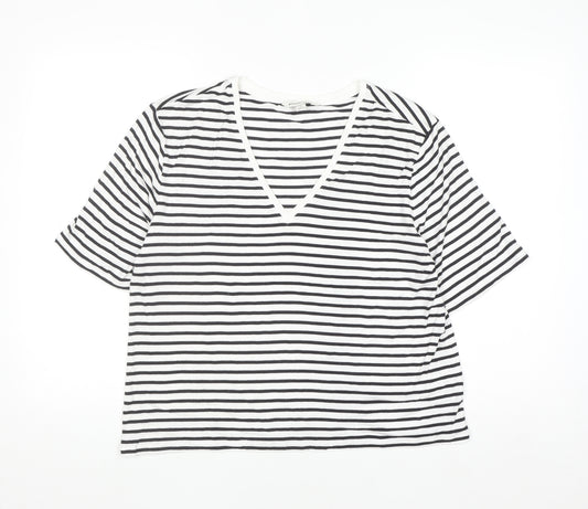 Marks and Spencer Autograph Womens White Black Striped V-Neck T-Shirt Size 12