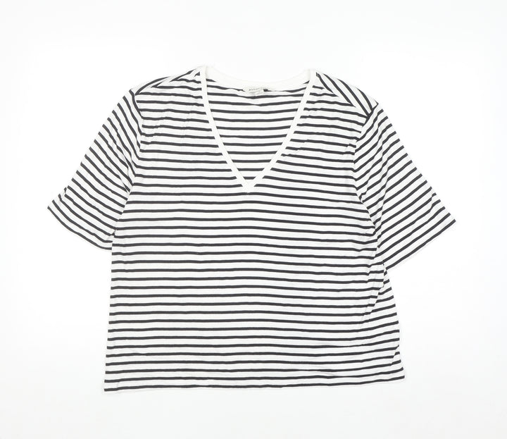 Marks and Spencer Autograph Womens White Black Striped V-Neck T-Shirt Size 12