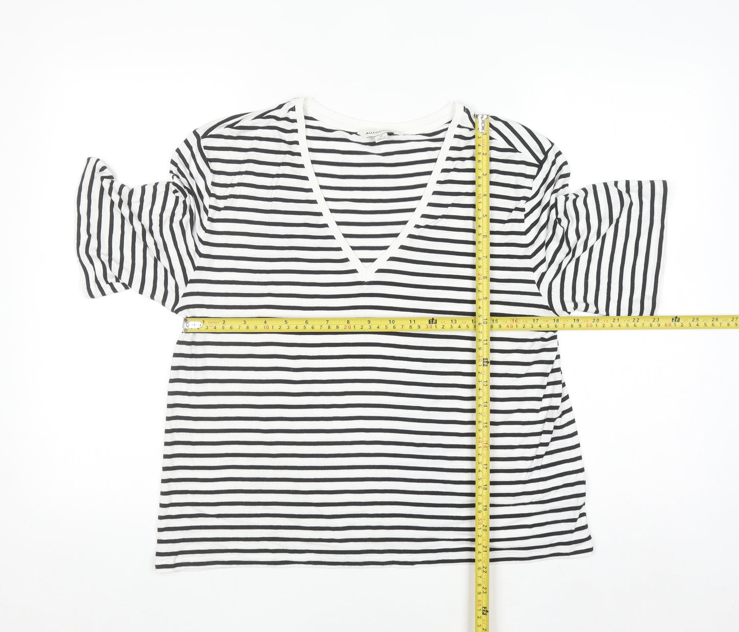 Marks and Spencer Autograph Womens White Black Striped V-Neck T-Shirt Size 12