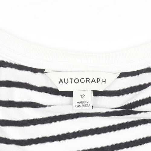 Marks and Spencer Autograph Womens White Black Striped V-Neck T-Shirt Size 12