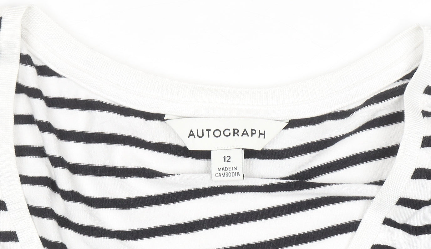Marks and Spencer Autograph Womens White Black Striped V-Neck T-Shirt Size 12
