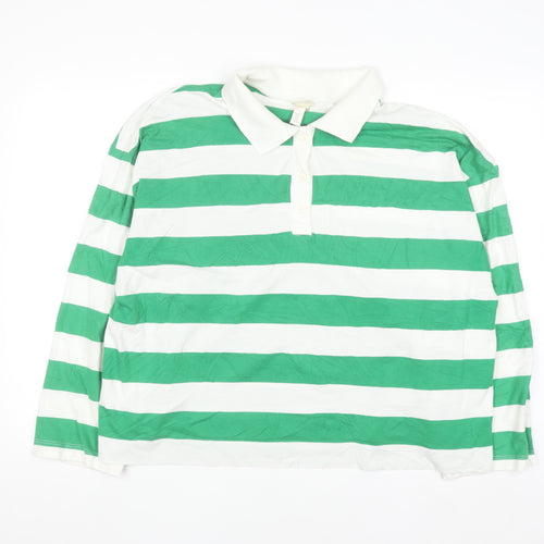 H&M Men's Green White Striped Long Sleeve Polo Shirt L