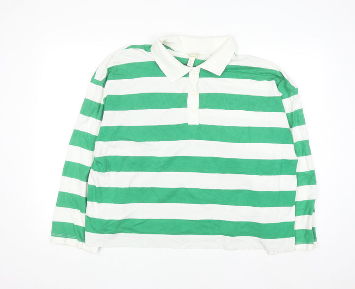 H&M Men's Green White Striped Long Sleeve Polo Shirt L