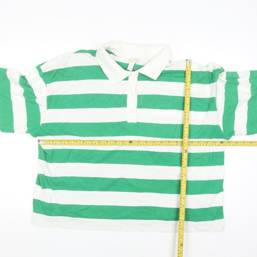 H&M Men's Green White Striped Long Sleeve Polo Shirt L