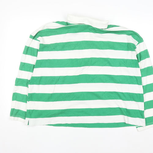 H&M Men's Green White Striped Long Sleeve Polo Shirt L