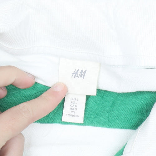 H&M Men's Green White Striped Long Sleeve Polo Shirt L