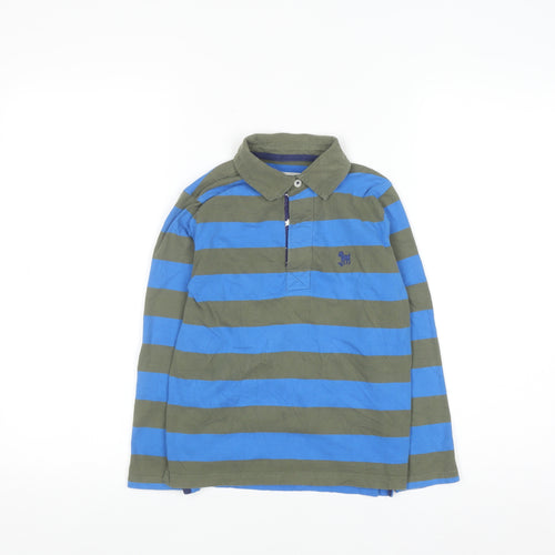 Mini Boden Boys Blue & Khaki Striped Long Sleeve Polo Shirt 6-7 Years