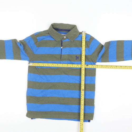 Mini Boden Boys Blue & Khaki Striped Long Sleeve Polo Shirt 6-7 Years