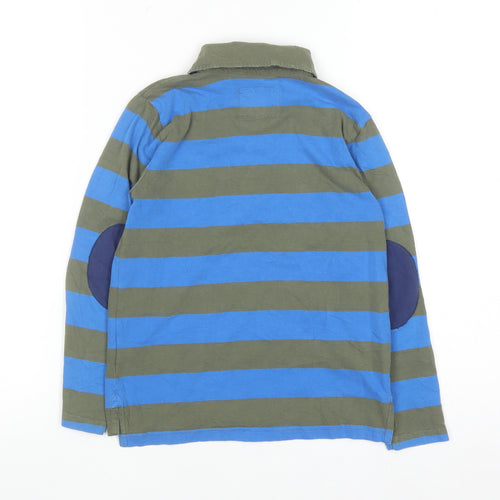 Mini Boden Boys Blue & Khaki Striped Long Sleeve Polo Shirt 6-7 Years