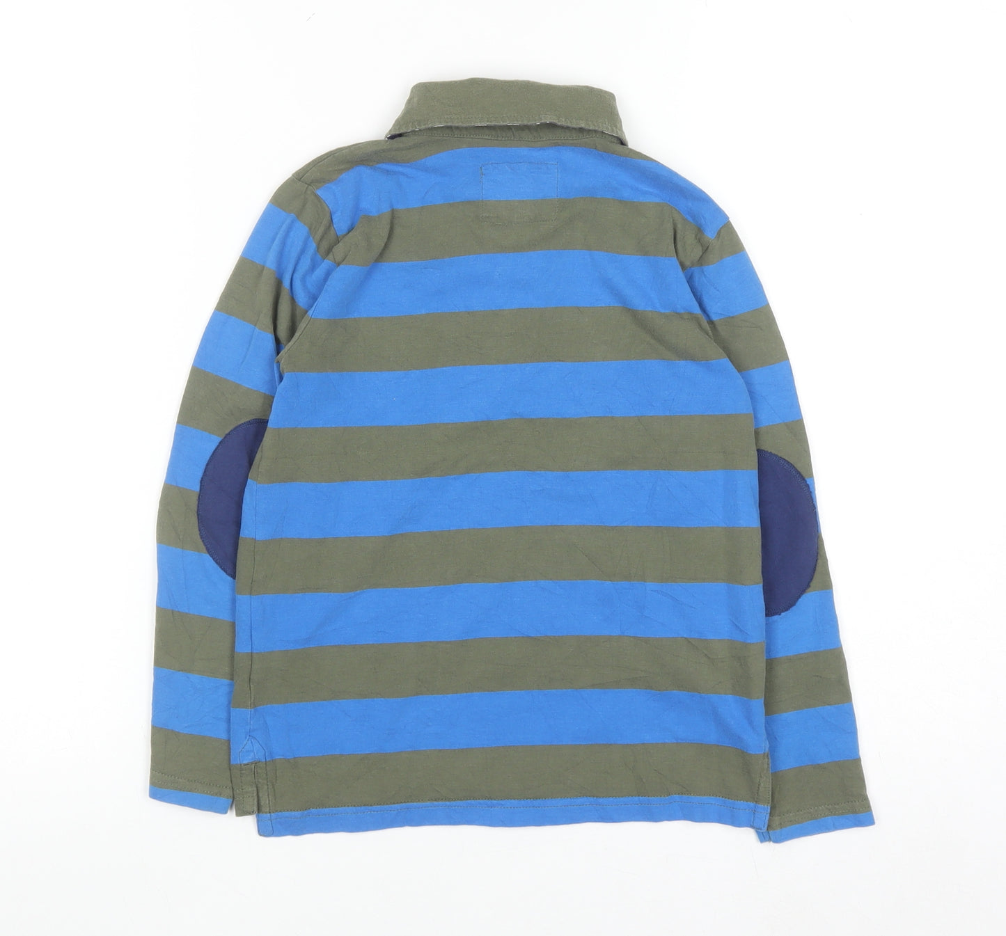 Mini Boden Boys Blue & Khaki Striped Long Sleeve Polo Shirt 6-7 Years
