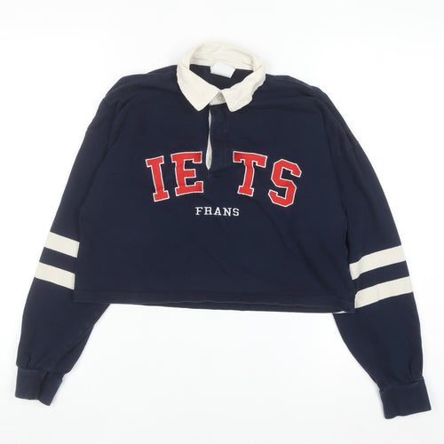 iets frans Women's Blue Cropped Collared Long Sleeve Button-Up Top Size S