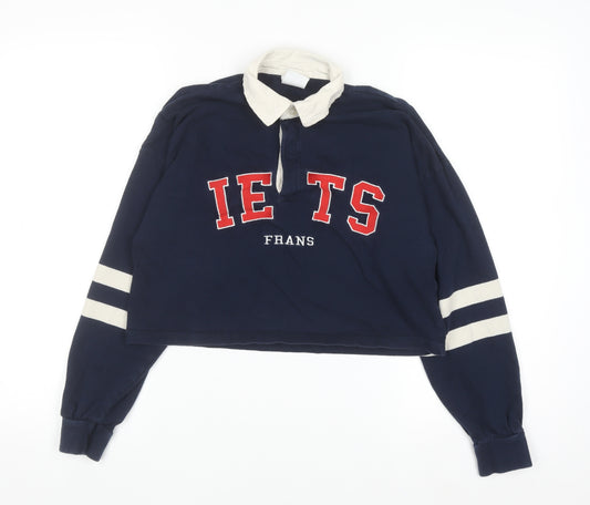 iets frans Women's Blue Cropped Collared Long Sleeve Button-Up Top Size S