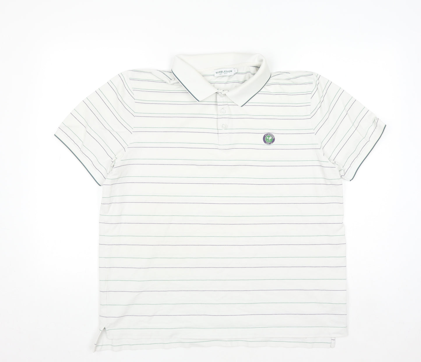 Wimbledon Men's White Striped Cotton Polo Shirt L Regular Fit