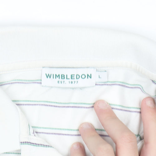 Wimbledon Men's White Striped Cotton Polo Shirt L Regular Fit