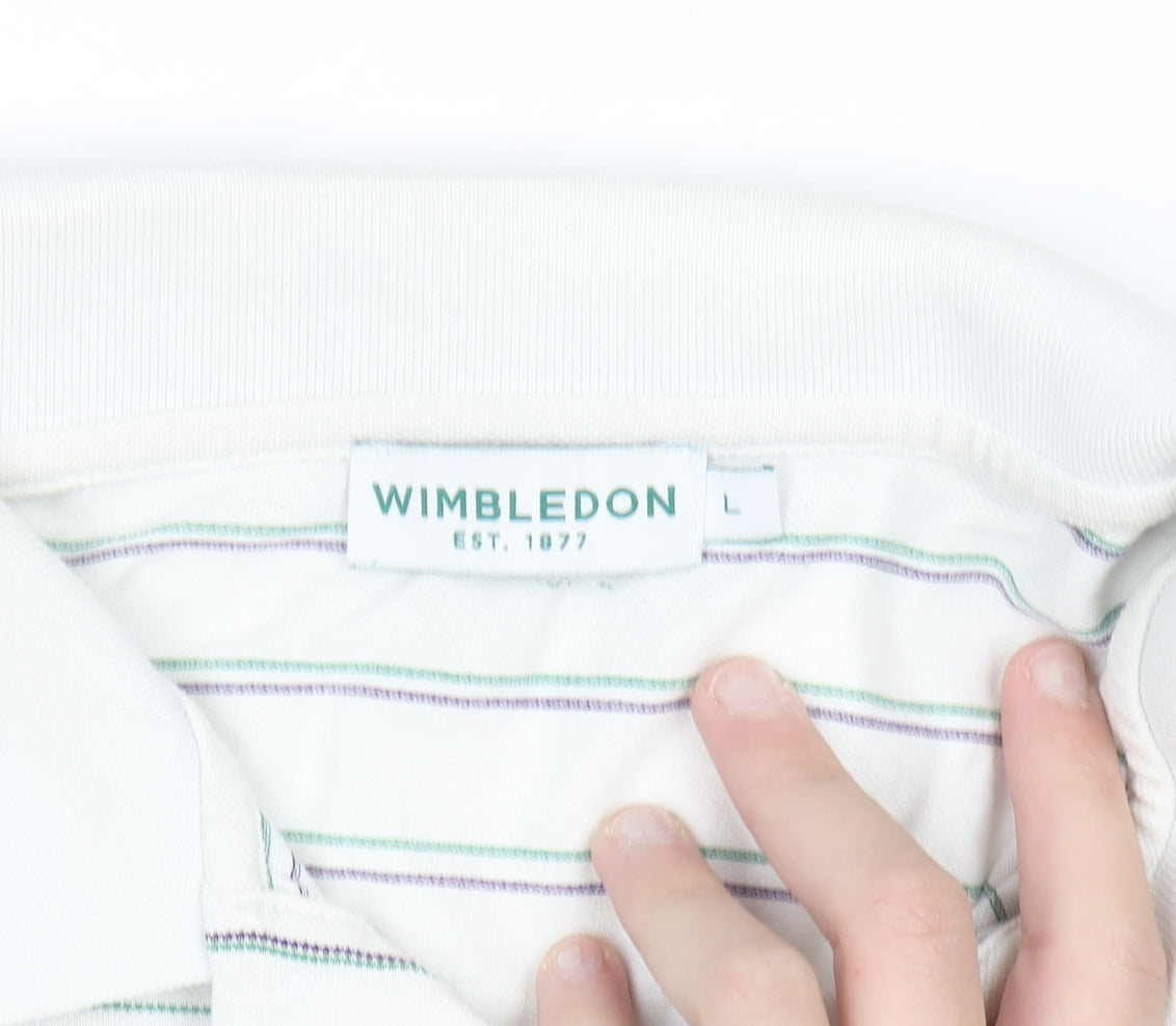 Wimbledon Men's White Striped Cotton Polo Shirt L Regular Fit
