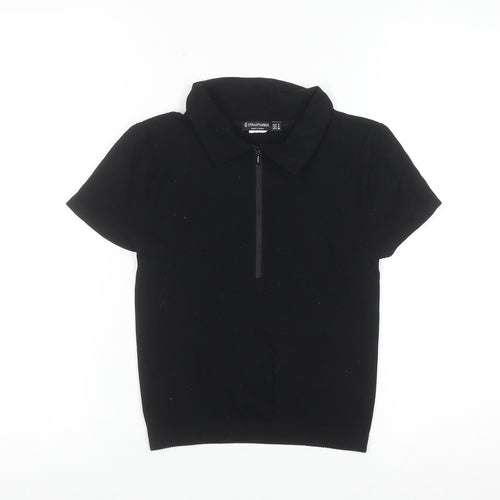Stradivarius Women’s Black Short Sleeve Collared Zip Polo Top Size S