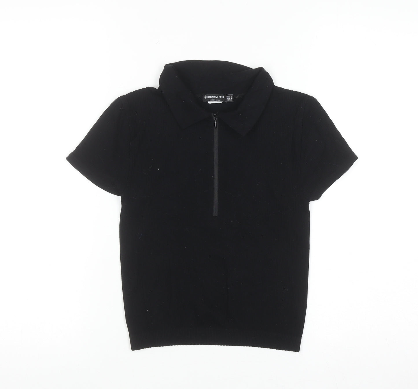 Stradivarius Women’s Black Short Sleeve Collared Zip Polo Top Size S