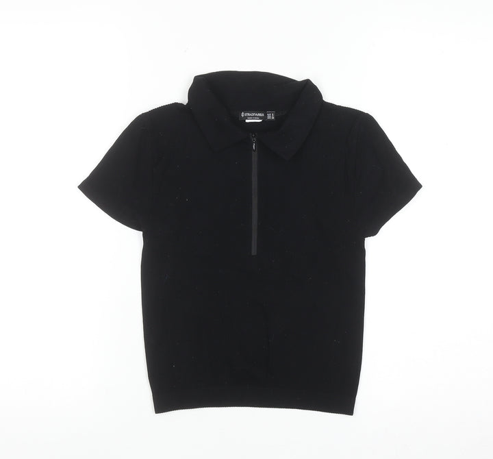 Stradivarius Women’s Black Short Sleeve Collared Zip Polo Top Size S