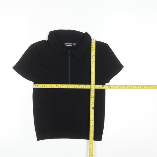 Stradivarius Women’s Black Short Sleeve Collared Zip Polo Top Size S
