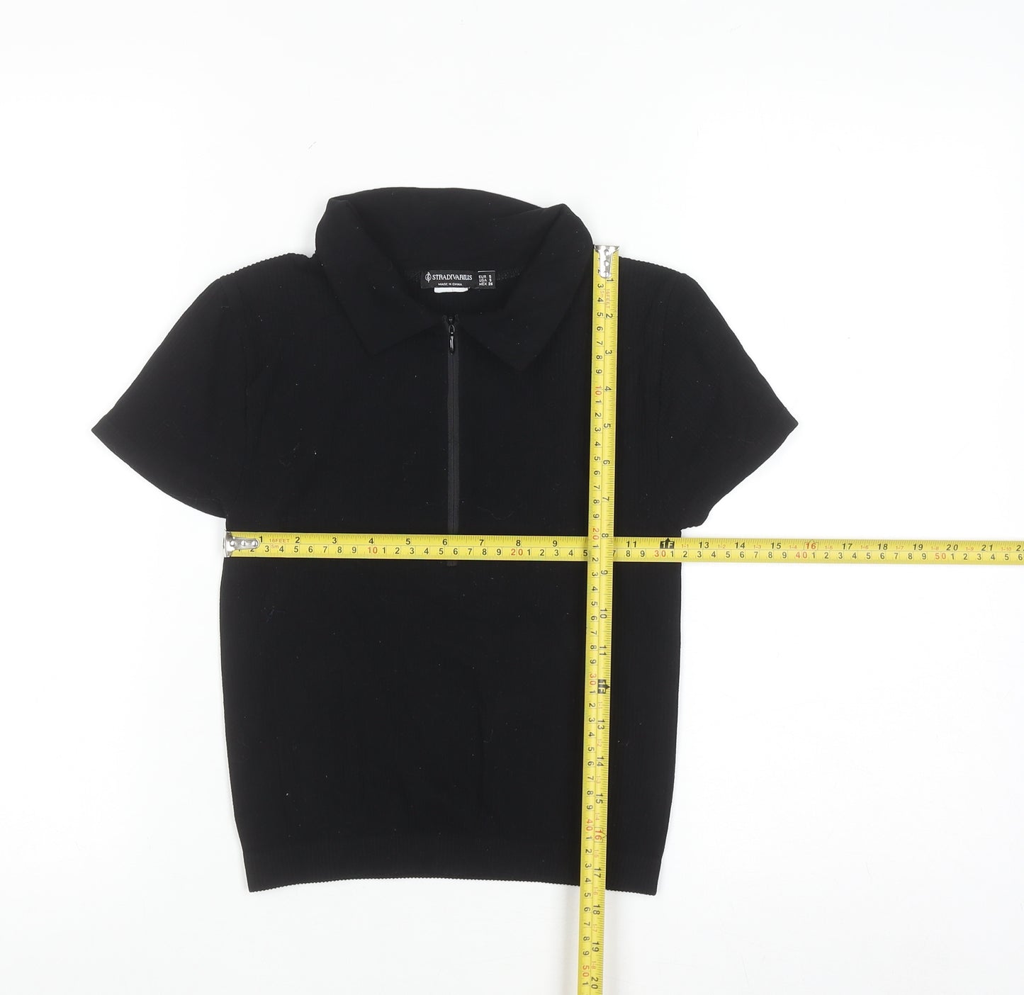 Stradivarius Women’s Black Short Sleeve Collared Zip Polo Top Size S