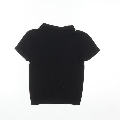 Stradivarius Women’s Black Short Sleeve Collared Zip Polo Top Size S