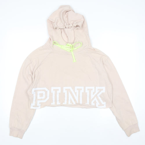 Victoria's Secret PINK Womens Beige Cropped Hoodie M Drawstring Logo