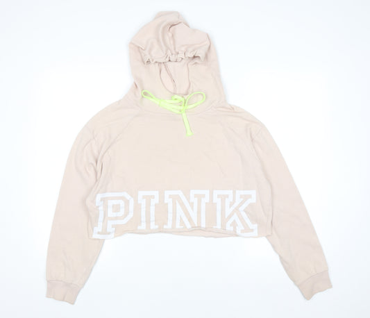 Victoria's Secret PINK Womens Beige Cropped Hoodie M Drawstring Logo