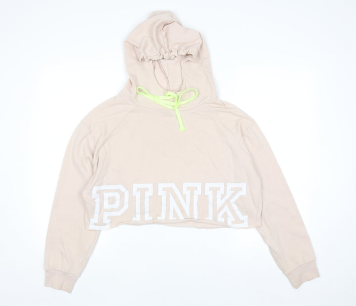 Victoria's Secret PINK Womens Beige Cropped Hoodie M Drawstring Logo