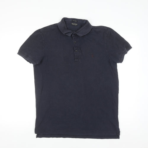 AllSaints Men's Blue Cotton Polo Shirt Size L Slim Fit
