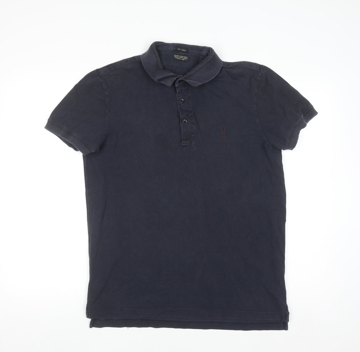 AllSaints Men's Blue Cotton Polo Shirt Size L Slim Fit