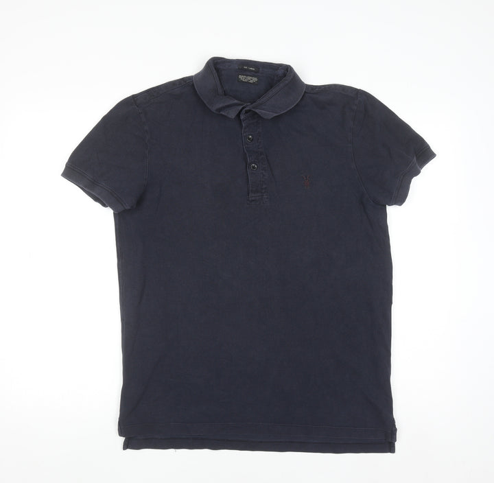 AllSaints Men's Blue Cotton Polo Shirt Size L Slim Fit