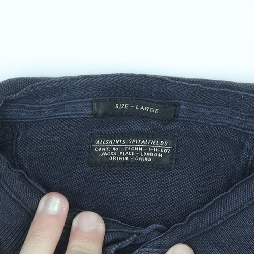 AllSaints Men's Blue Cotton Polo Shirt Size L Slim Fit