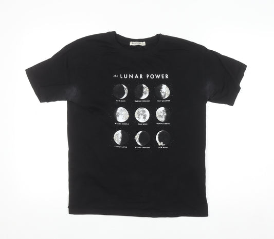 Stradivarius Womens Black Lunar Phases Graphic Cotton T-Shirt S