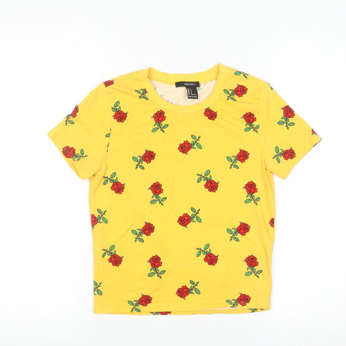 Forever 21 Women's Yellow Floral Rose Print Cotton T-Shirt Size S