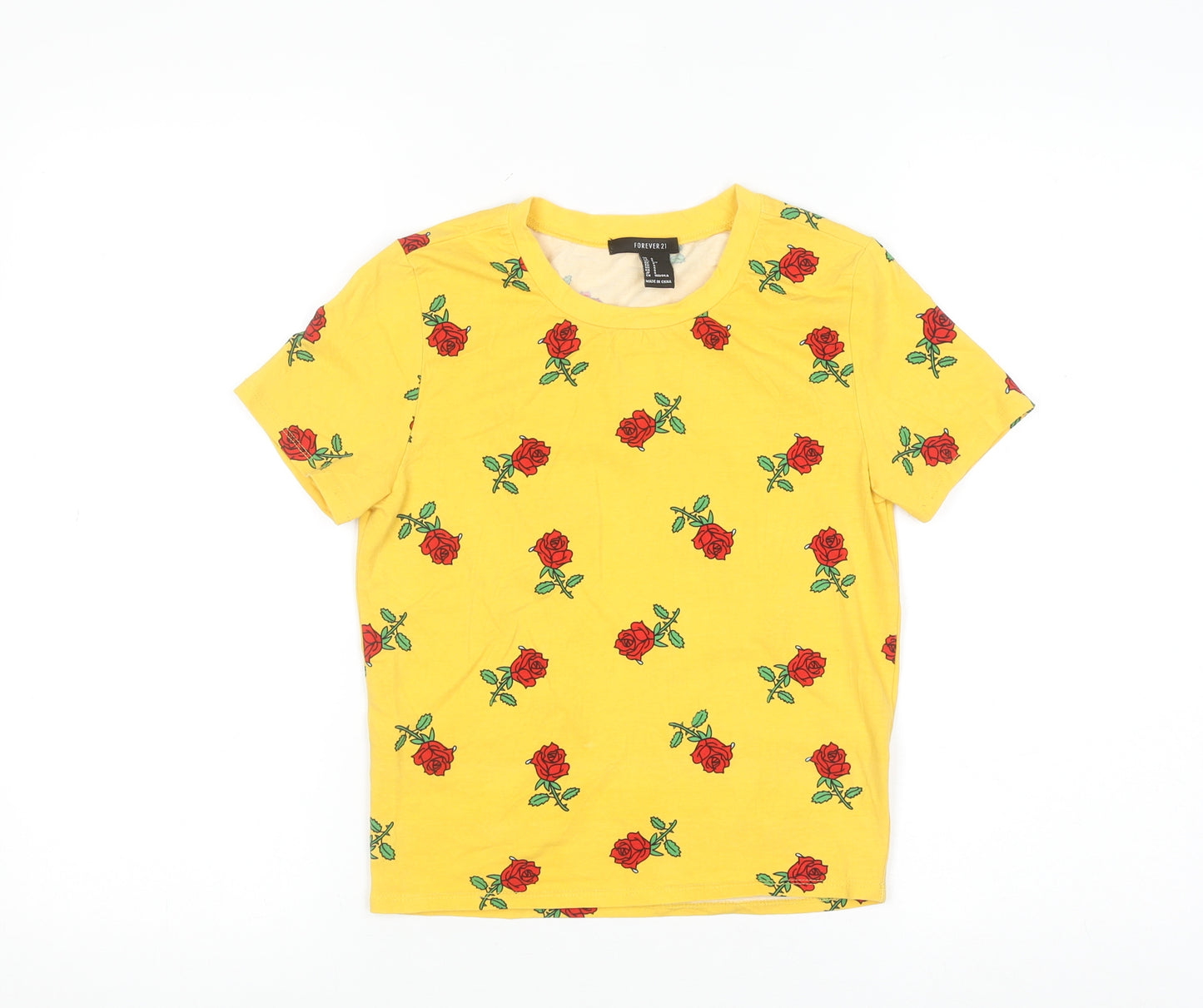 Forever 21 Women's Yellow Floral Rose Print Cotton T-Shirt Size S
