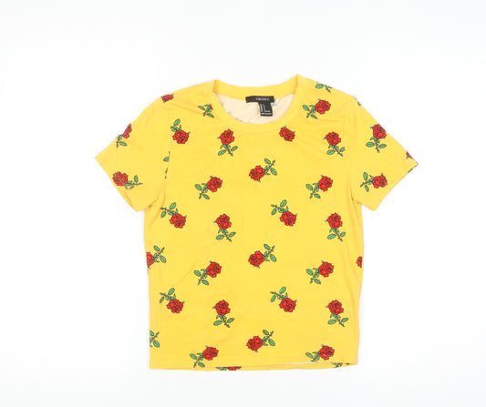 Forever 21 Women's Yellow Floral Rose Print Cotton T-Shirt Size S
