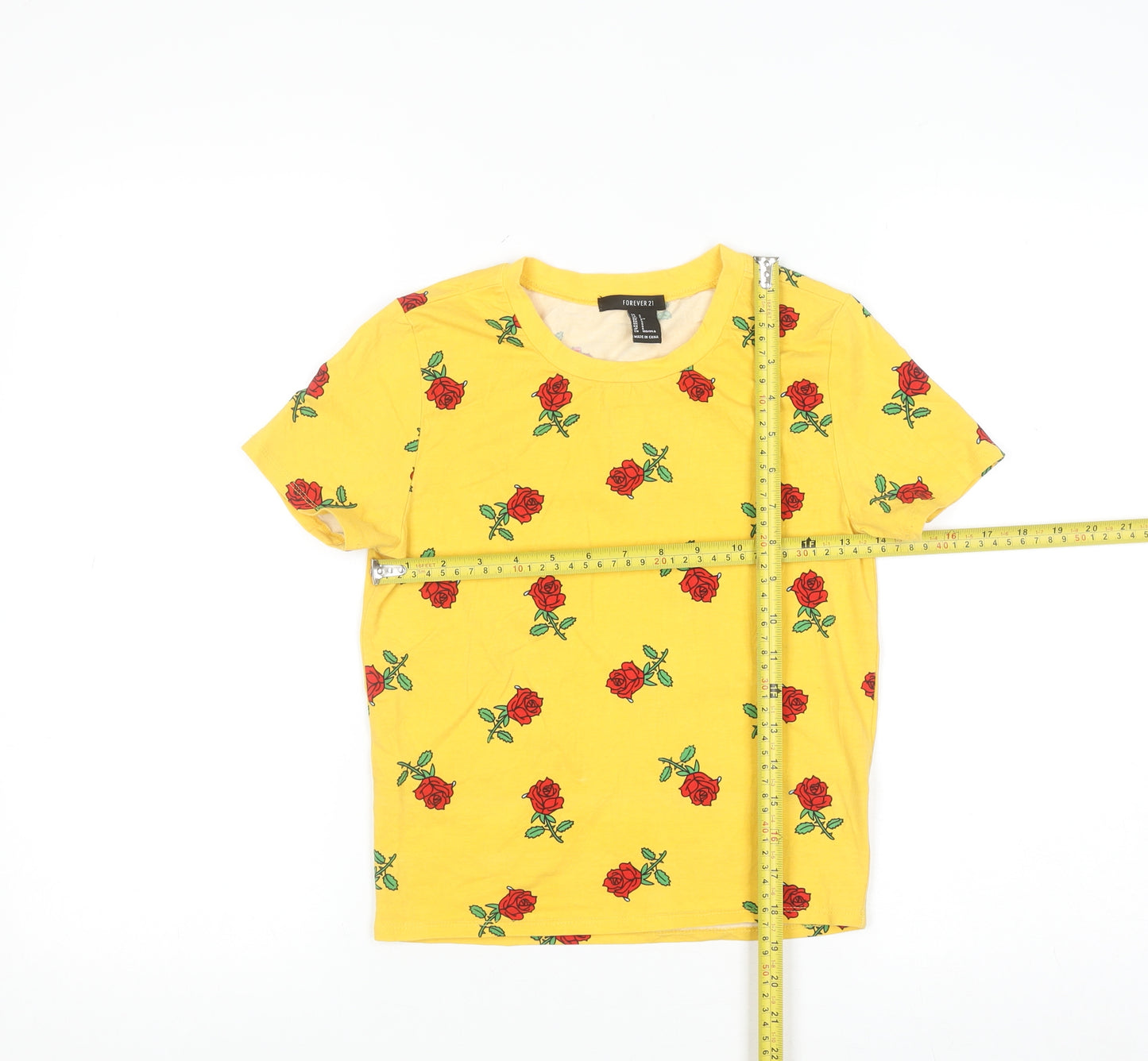 Forever 21 Women's Yellow Floral Rose Print Cotton T-Shirt Size S