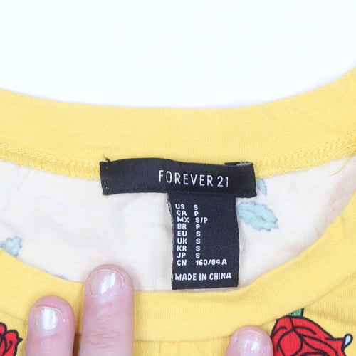 Forever 21 Women's Yellow Floral Rose Print Cotton T-Shirt Size S