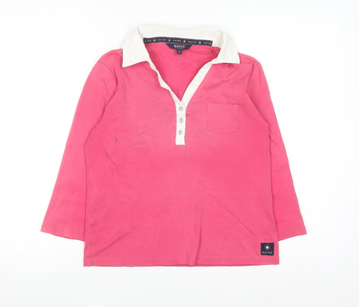 Maine New England Women's Pink Cotton Long Sleeve Polo Shirt Size 12