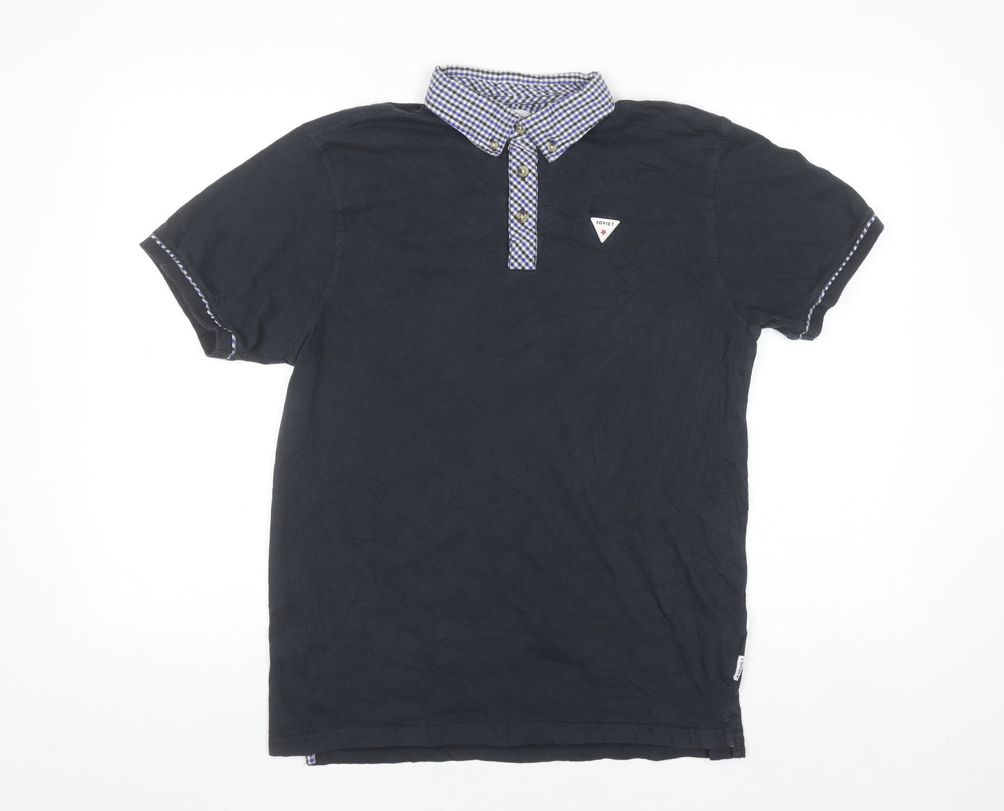 Soviet Men's Black Check Collar Polo Shirt Size L Cotton