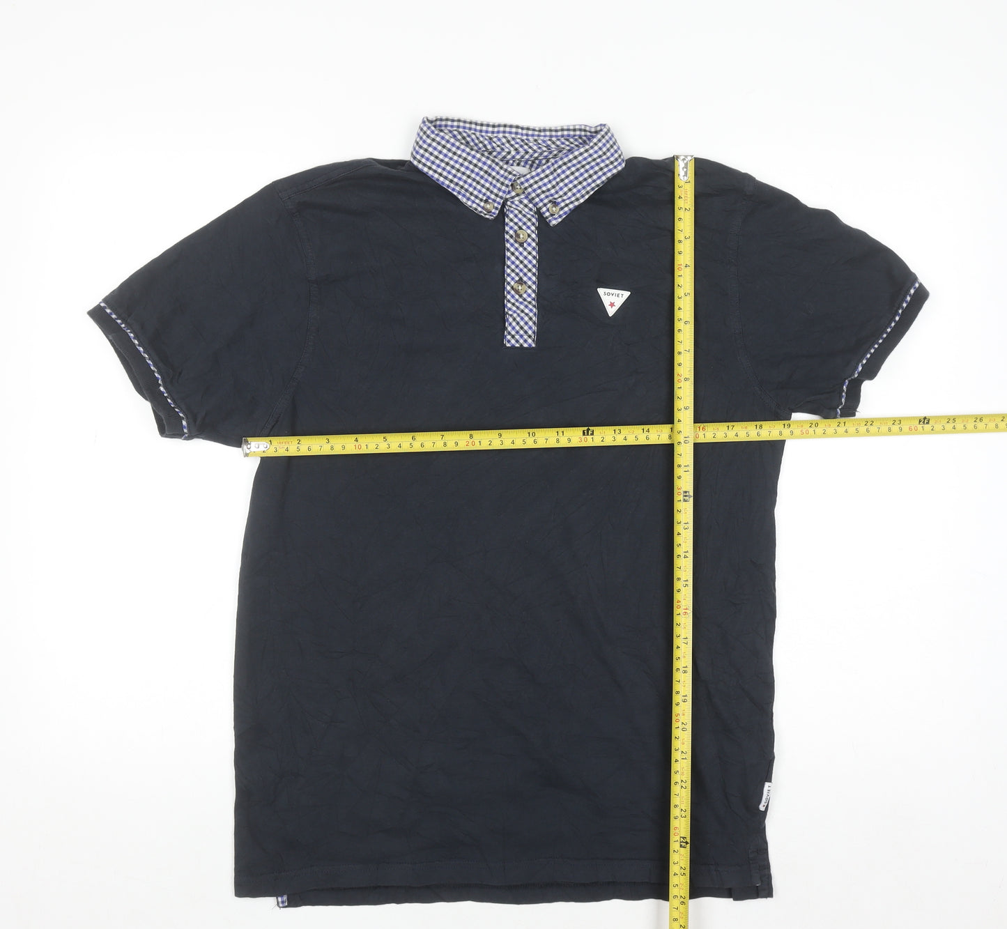 Soviet Men's Black Check Collar Polo Shirt Size L Cotton