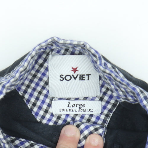 Soviet Men's Black Check Collar Polo Shirt Size L Cotton
