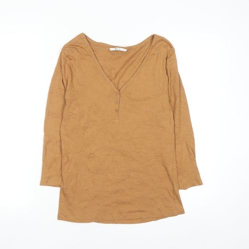 Tu Women Brown V-Neck Long Sleeve 100% Cotton T-Shirt Size 14