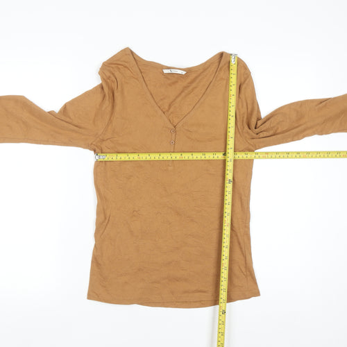 Tu Women Brown V-Neck Long Sleeve 100% Cotton T-Shirt Size 14