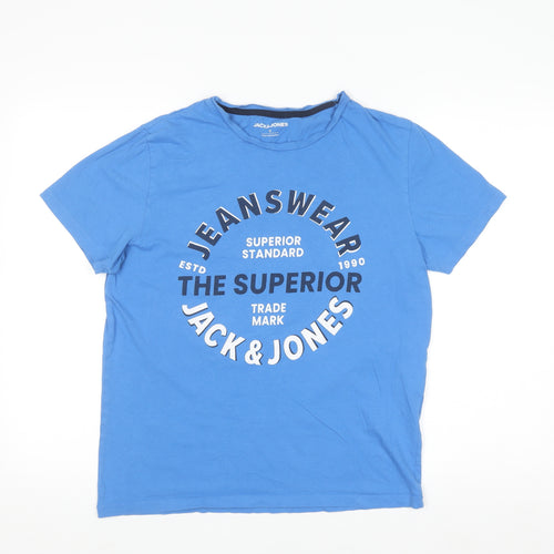 Jack & Jones Men's Blue Graphic Print Crew Neck T-Shirt Size S