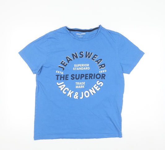 Jack & Jones Men's Blue Graphic Print Crew Neck T-Shirt Size S
